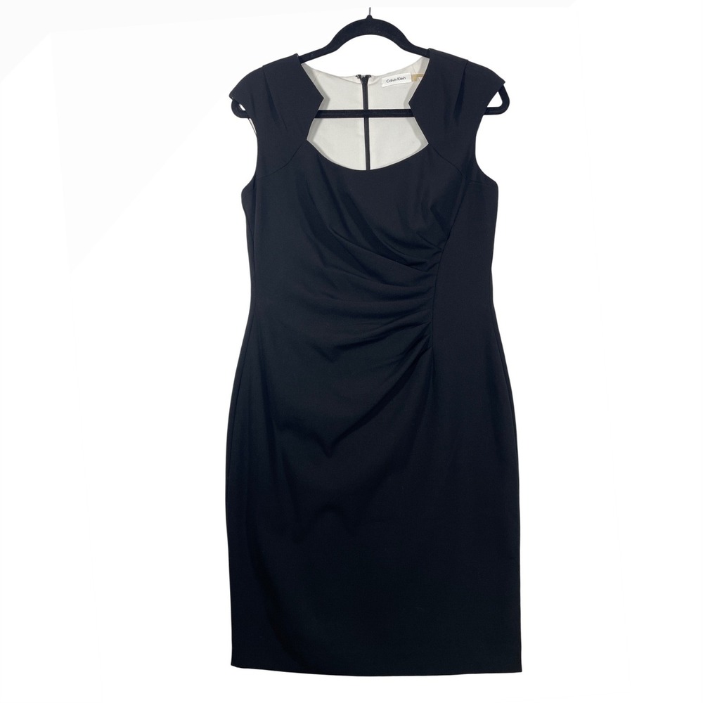 Calvin Klein Black Sleeveless Sheath Dress Cut Out Neckline Size 8 Women Midi